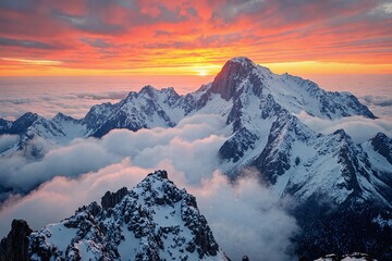 A breathtaking view of snow-capped mountains at sunrise or sunset with a warm glow and vibrant colors illuminating the peaks and valleys 