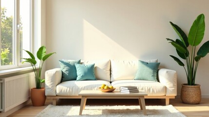 Bright and airy living room with off-white sofa and natural decor