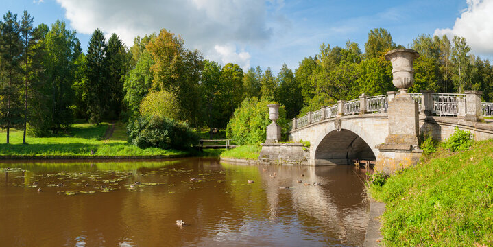 Pavlovsk, St Petersburg, Russia - September 21, 2017. The Visconti bridge across Slavyanka River in Pavlovsk park, St Petersburg, Russia