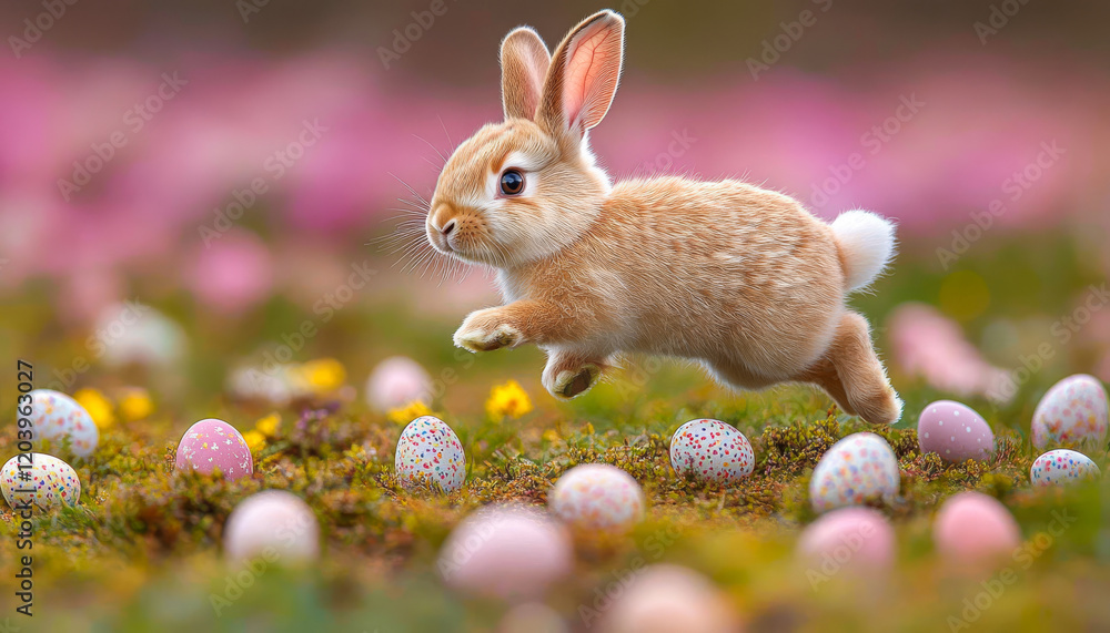 Poster a rabbit is running through a field of pink and yellow easter eggs. the scene is playful and joyful,