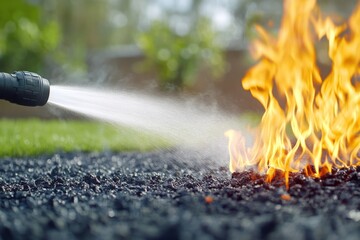 A firefighter uses a hose to extinguish flames on gravel, showcasing the contrast between water and fire in a lush green outdoor setting.