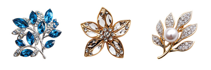 Elegant brooches with blue stones, floral design, and pearl