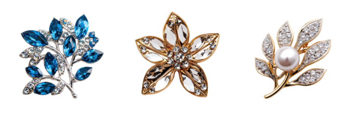 Elegant brooches with blue stones, floral design, and pearl