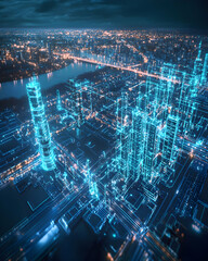 Fototapeta premium Futuristic Smart City at Night. Digital Overlay of Network Connections on Urban Skyline.