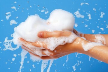 Fototapeta premium A pair of hands holds a foamy soap bar, with bubbles splashing against a bright blue background, emphasizing cleanliness and hygiene.