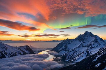 A breathtaking winter landscape featuring snow-capped mountains a serene river and a picturesque valley covered in a blanket of snow