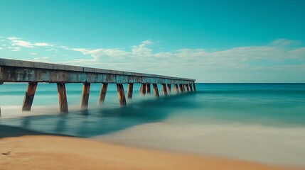 Fototapeta premium Wooden Pier Stretching Over Calm Ocean Waters Under a Bright Blue Sky