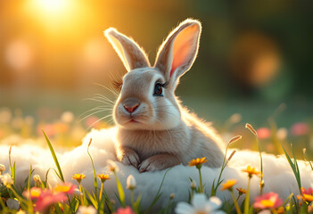 Cute rabbit in a blooming meadow. Made by AI, Artificial intelligence. Generated image