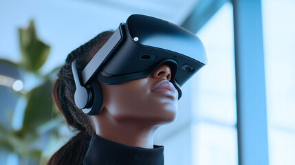 A woman using a VR headset in a modern office, close-up