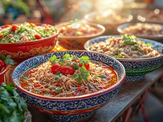 Fototapeta premium Vibrant international dishes at lively street market bright sunlight closeup food