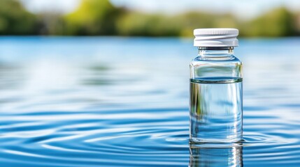 Obraz premium A clear glass bottle filled with water floats gently on calm blue water, creating ripples in a serene outdoor setting.