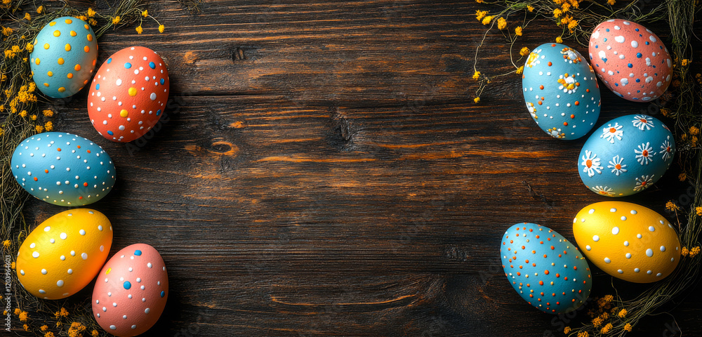 Poster a wooden background with a row of painted eggs on it. the eggs are in various colors and some have p