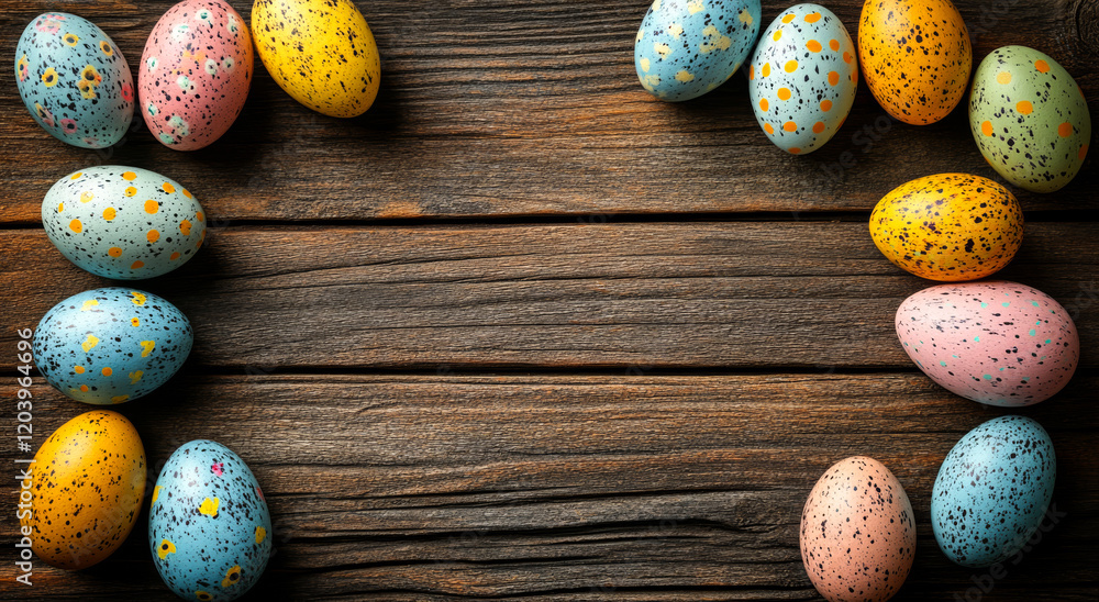 Poster a wooden background with a row of colorful eggs. the eggs are of different colors and sizes, and the