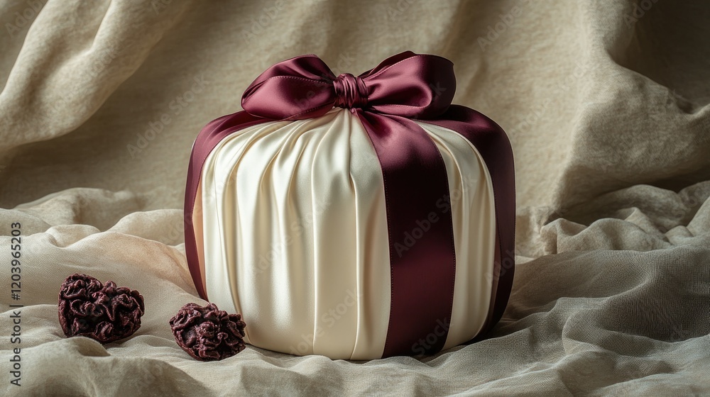 Poster a luxurious valentine's day gift box wrapped in satin with a red ribbon, set on a soft fabric backgr