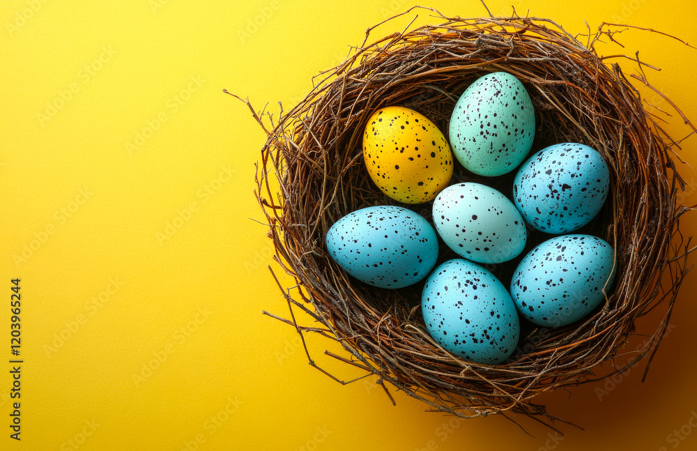 Poster a nest of eggs with one yellow egg in the middle. the eggs are blue and yellow, and they are arrange