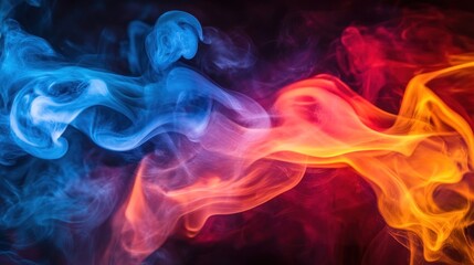 Abstract swirling blue and red smoke against black background