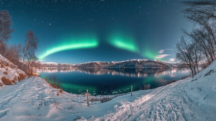 Fototapeta premium Aurora borealis illuminates snowy mountains norway landscape night sky vibrant colors
