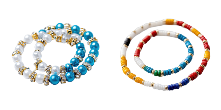 Colorful beaded bracelets with pearls and gold accents