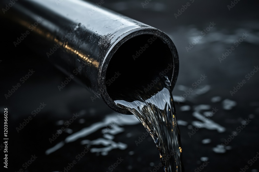 Poster Water flowing from a black pipe into a dark surface capturing an industrial aesthetic. Generative AI