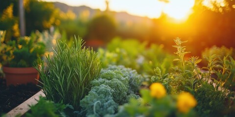 Vibrant garden scene at golden hour showcasing permaculture principles in practice outdoor wide shot