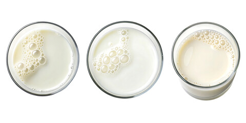 glass of milk top view set isolated on transparent background cutout