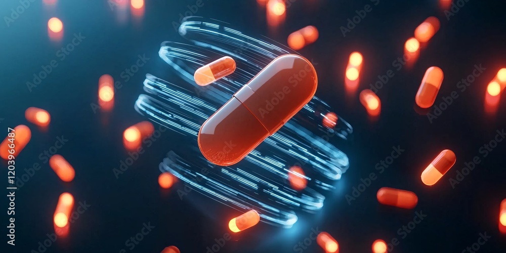 Poster dynamic capsule motion pharmaceutical lab digital animation high-tech environment close-up view conc