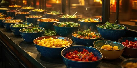 Fototapeta premium Gourmet vegan dishes in colorful bowls restaurant setting food warm lighting captivating presentation
