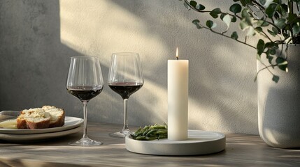A romantic dining setting with a single candle, wine glasses, and a carefully arranged plate of food, set on a soft background with plenty of space for text.