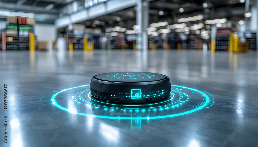Poster futuristic autonomous robot in a modern warehouse, showcasing advanced technology and automation in 