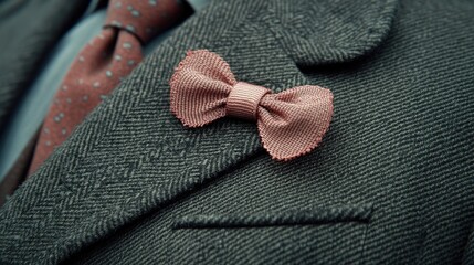 A Pink Bowtie Pinned On A Gray Tweed Jacket