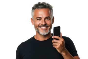 Portrait of pleased handsome man using mobile phone isolated over PNG
