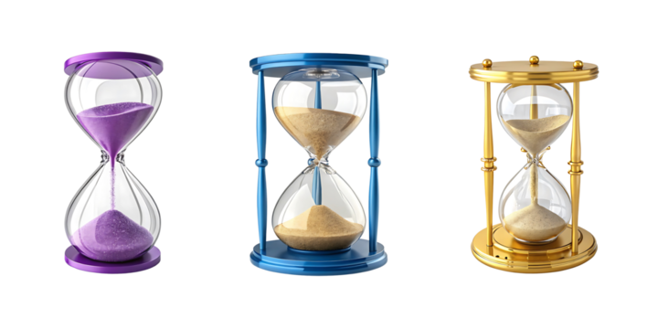 3d purple hourglass with sand isolated cutout with transparent background