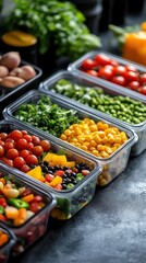 Meal prep inspiration vibrant dishes in organized containers natural lighting birdseye view