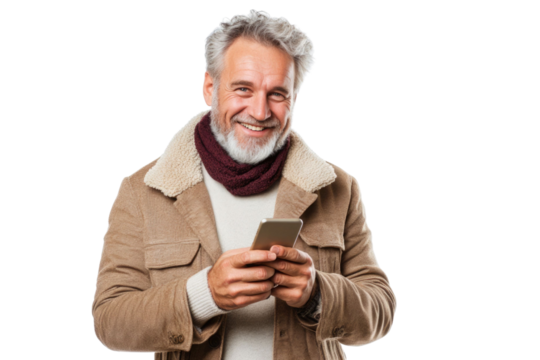 Portrait of pleased handsome man using mobile phone isolated over PNG