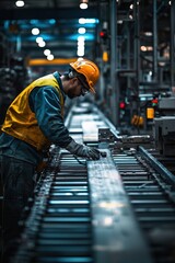 A worker performing maintenance on conveyor belts in a manufacturing plant