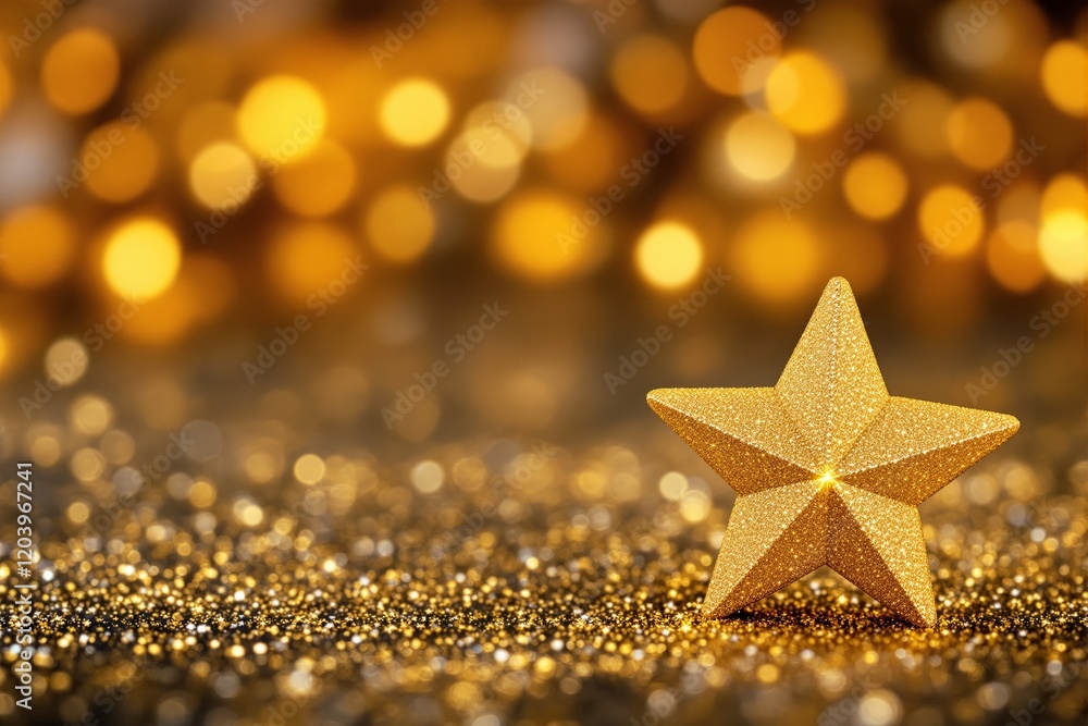 Poster sparkling golden star on glittery surface with warm bokeh lights in the background.