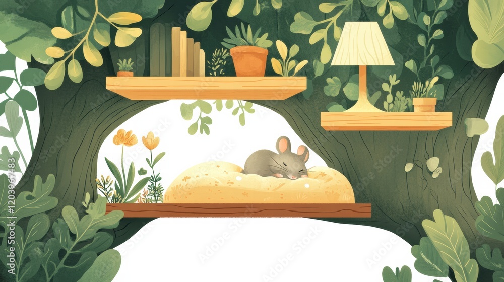 Poster Cozy mouse resting on a fluffy bed surrounded by greenery in a whimsical tree setting during daylight. Generative AI