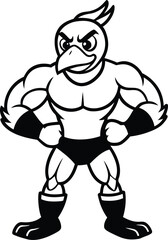 Muscular Strong birds vector, muscular Angry Chicken silhouette, Massive birds line art vector illustration