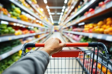 Shopping cart in a grocery store aisle with colorful food items on shelves in the background.