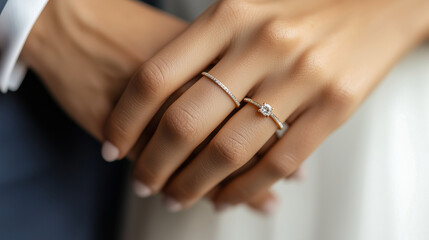 Close-Up of Bride's Hand Wearing an Elegant Engagement Ring, Perfect for Wedding, Romance, and Jewelry-Themed Designs