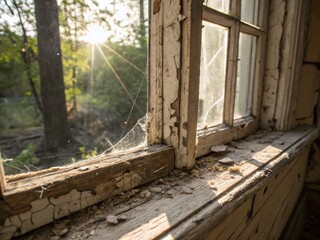 Rustic Charm: An Old Window in a Derelict House - Stock Photo