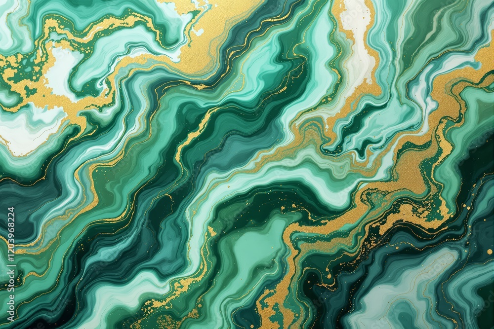 Aufkleber Abstract green and gold marble texture with intricate patterns on a fluid background.
