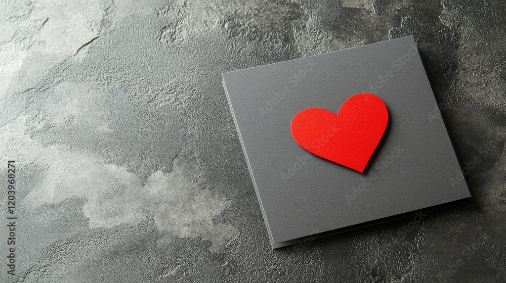 Poster a sleek valentine's day card with a single red heart and minimalistic design, placed on a gray textu
