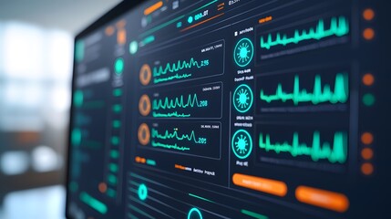 A close-up view of a digital monitor displaying various medical data and vital signs in a sleek, modern interface with green highlights.