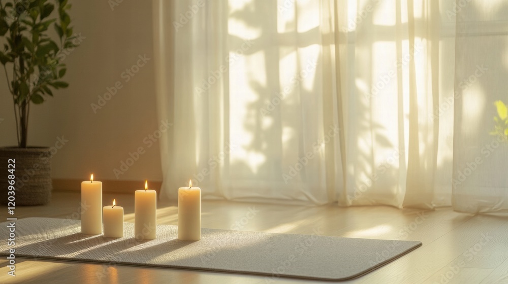 Poster serene candlelit yoga space with soft natural light in a calming home environment. generative ai