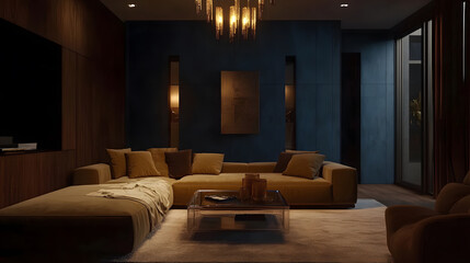 Dark-toned lounge featuring cozy seating and warm ambient lighting. 3d rendering