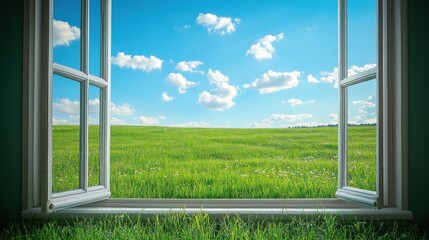 Open window view of a bright green field under a blue sky with white clouds