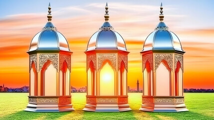 Obraz premium Islamic architecture, colorful pavilions, domed structures, sunset background