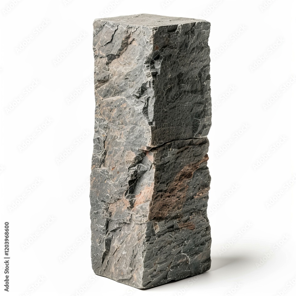 Poster rectangular grey stone block standing on end with rough hewn surface isolated on white background