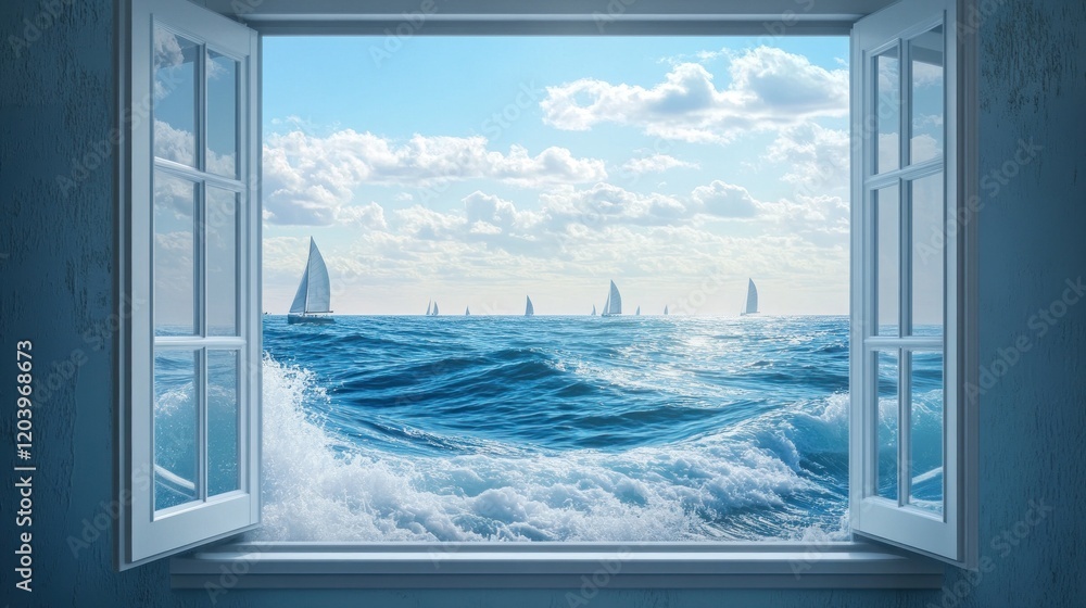 Poster open window view of a vast blue ocean with several sailboats under a cloudy sky